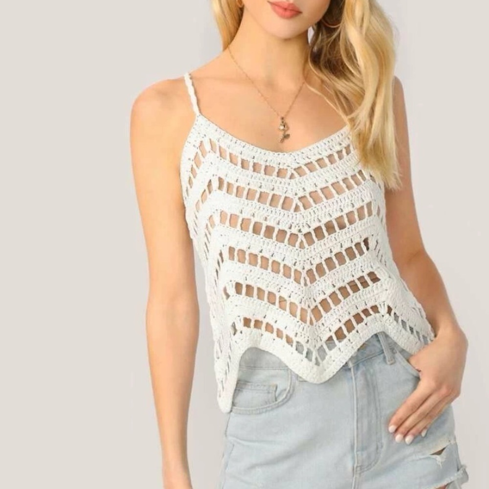 Crotchet Knit Cream Tank Top Boho Size Small S